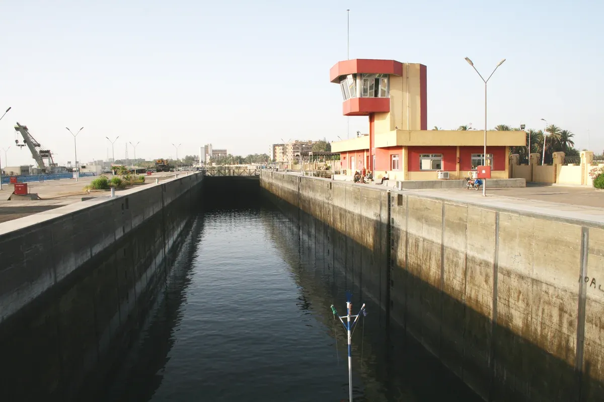 The empty chamber of the Esna lock that every Nile river cruise ship passes