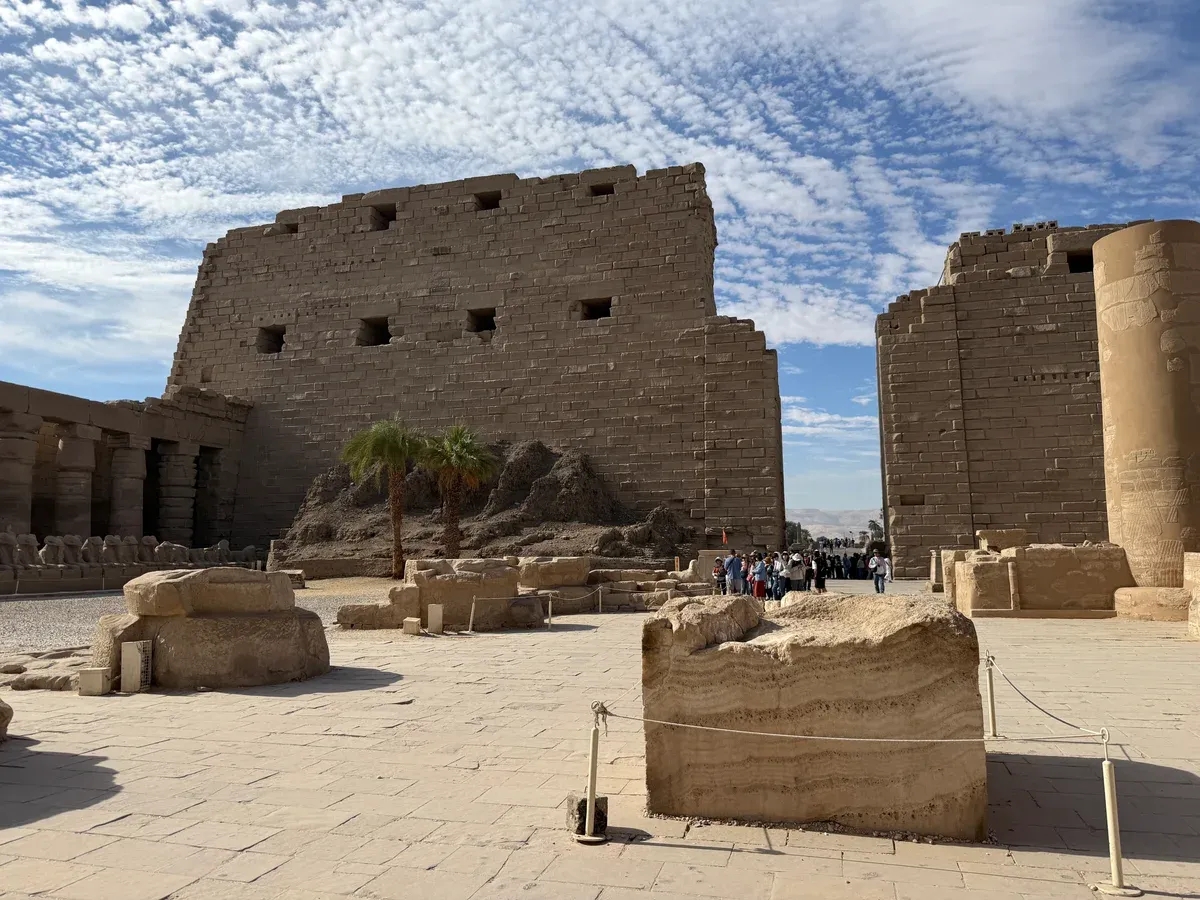 The first pylon and forecourt of Karnak, the first temple on a Nile river cruise from Luxor