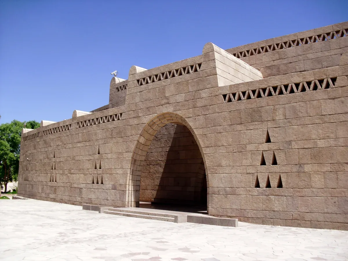 The sandstone entrance of the Nubia Museum in Aswan, a rainy-day stop on a Nile cruise
